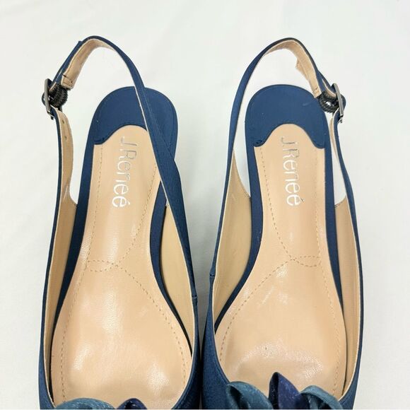 J. Renee LEONELLE Navy Blue Sparkle Bead Flower Open Toe Slingback Strap Heels - Picture 12 of 16